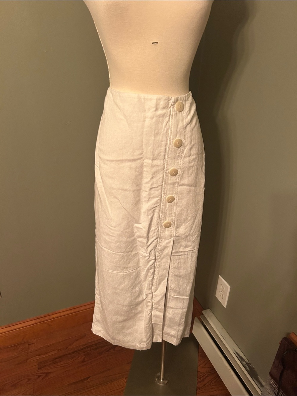 LOFT Cream Button-Accent Linen Blend  Midi Skirt